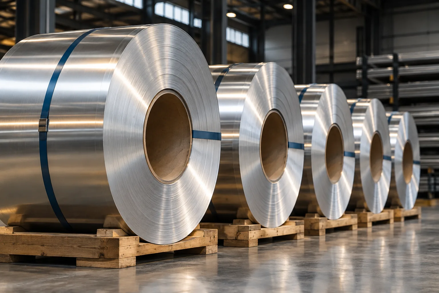 Row of mill-finish aluminium coils on timber skids