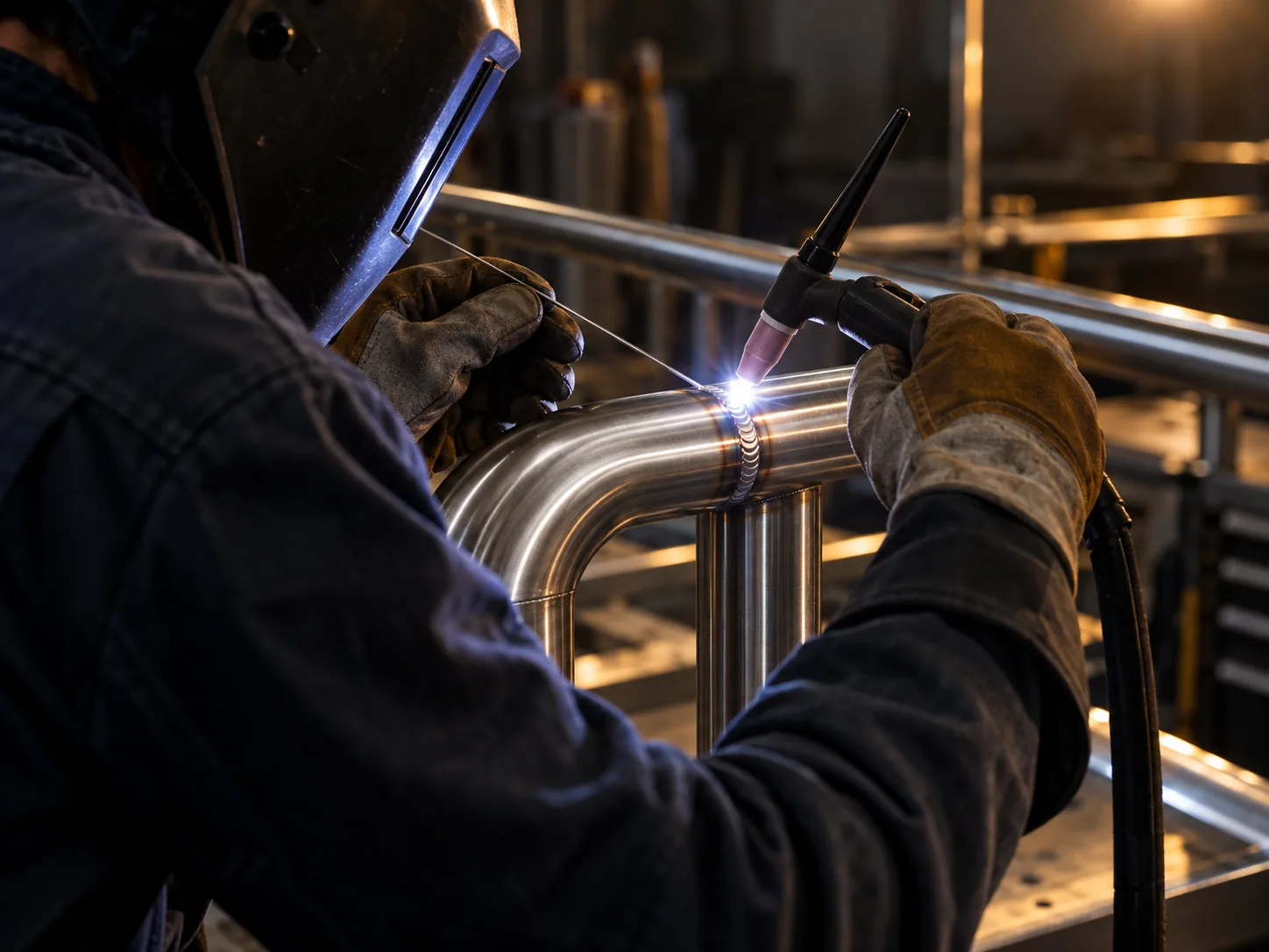Welder TIG welding a stainless steel handrail